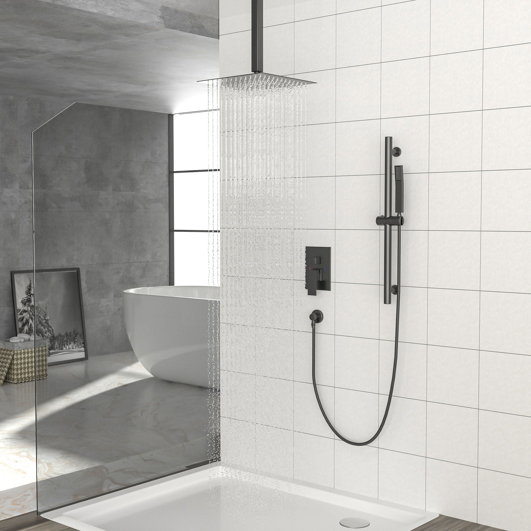 Ceiling Mounted Square Shower System With Adjustable Slide Bar, 16&quot; Rainfall Shower With Handheld - Matte Black