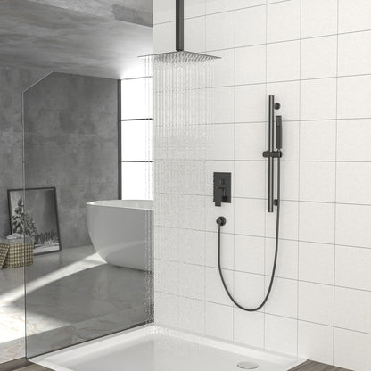 Ceiling Mounted Square Shower System With Adjustable Slide Bar, 16&quot; Rainfall Shower With Handheld - Matte Black