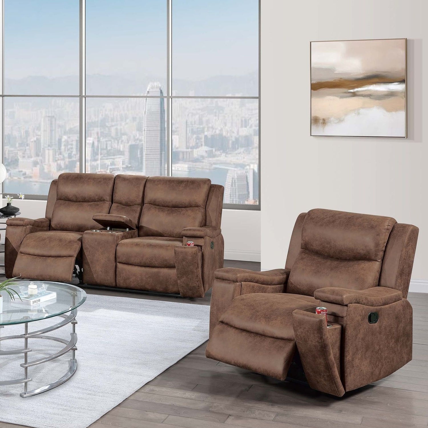 Modern Manual Motion Living Room Set &amp; Hidden Cup Holders