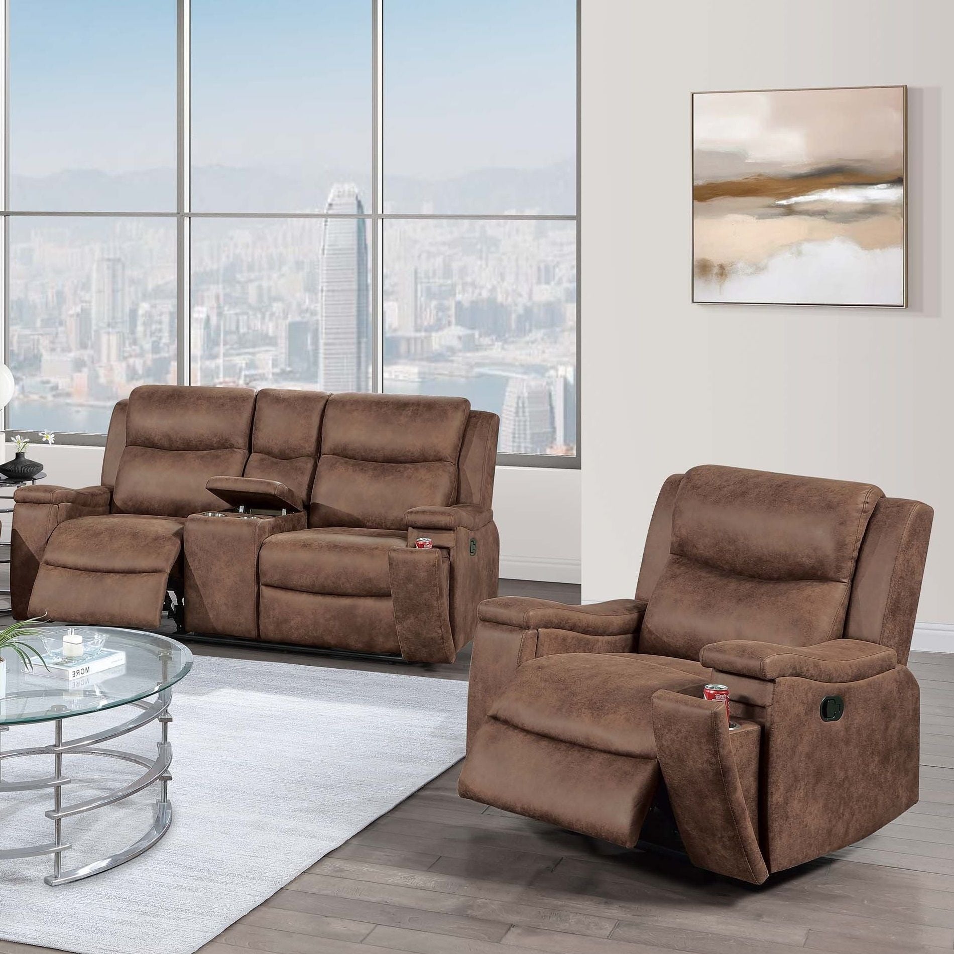 Modern Manual Motion Living Room Set &amp; Hidden Cup Holders