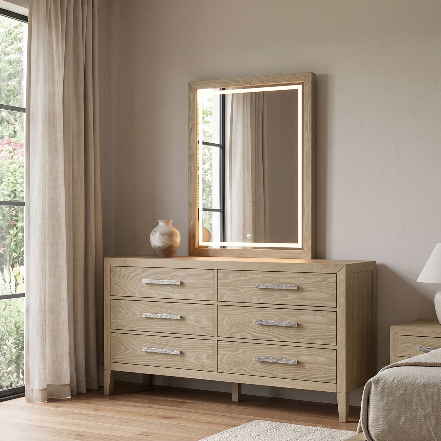 Adeline - 6 Drawers Dresser &amp; Mirror With Jewelry Box &amp; LED Light - Natural Wood Wash