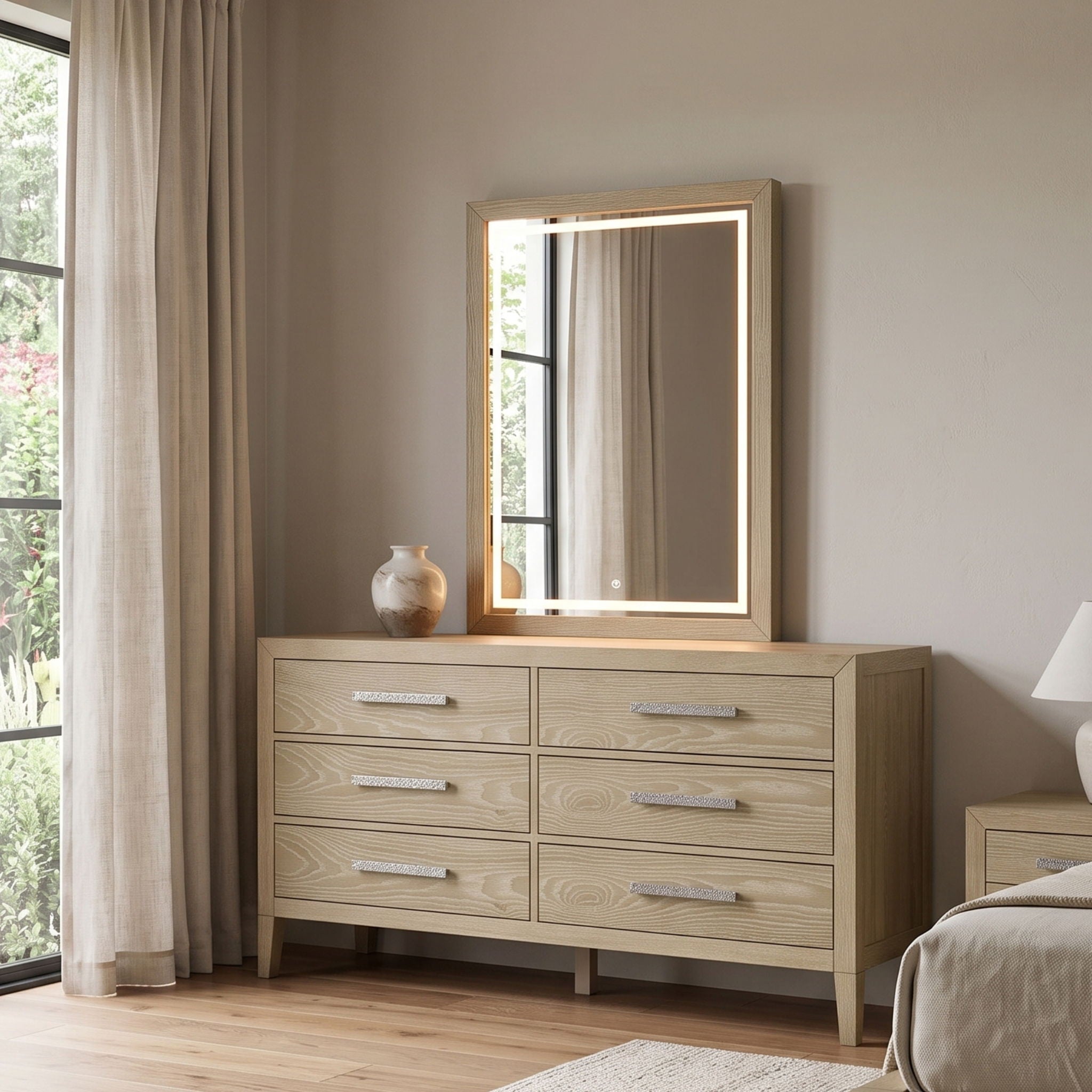 Adeline - 6 Drawers Dresser &amp; Mirror With Jewelry Box &amp; LED Light - Natural Wood Wash