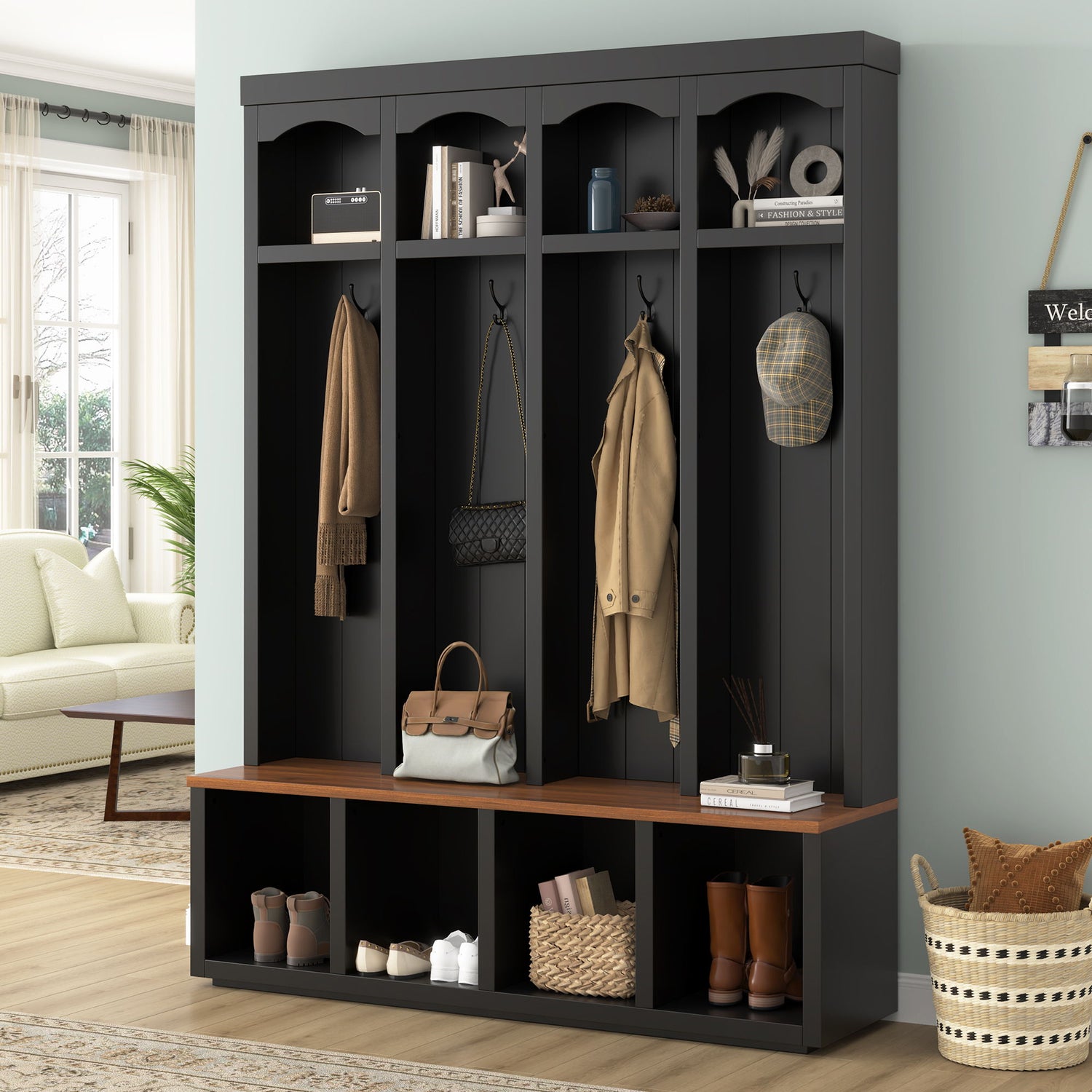 Entryway Hall Tree With Bench, 4 Hooks &amp; Open Storage Space