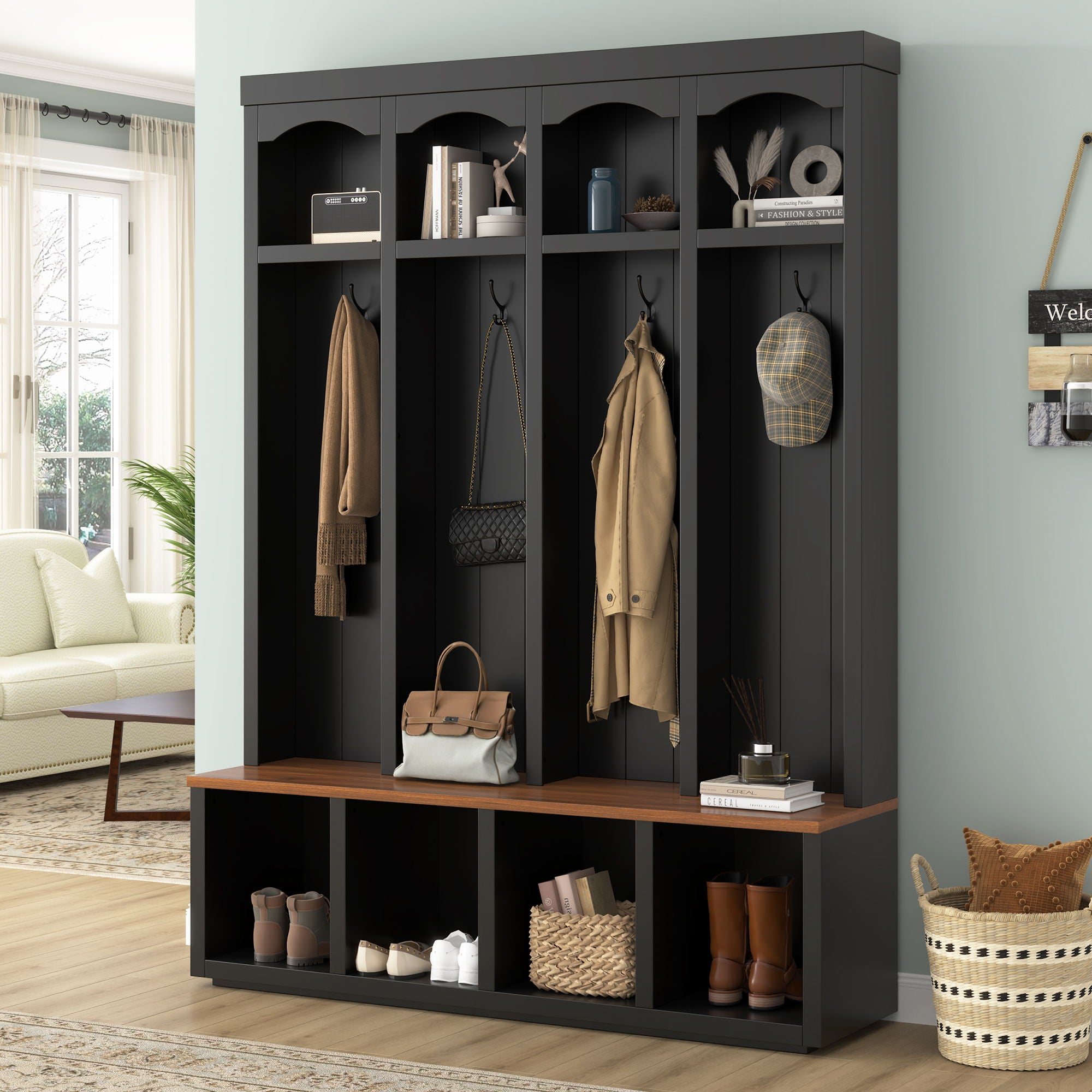 Entryway Hall Tree With Bench, 4 Hooks &amp; Open Storage Space