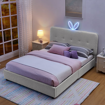Upholstered Bed With Oversized Rabbit Ear Headboard, LED Lights &amp; 4 Storage Drawers