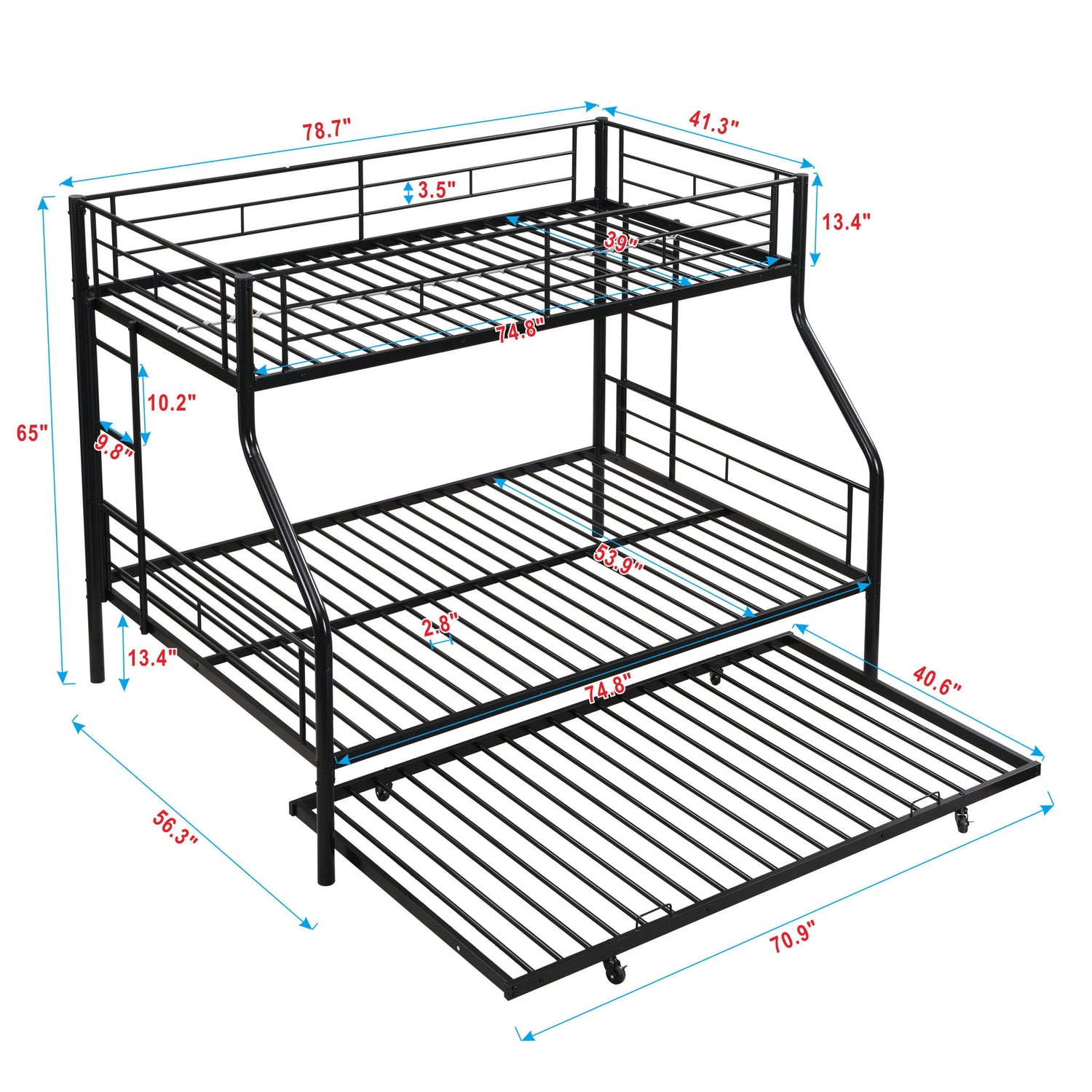 Twin Over Full Modern Metal Bunk Bed With Trundle - Black