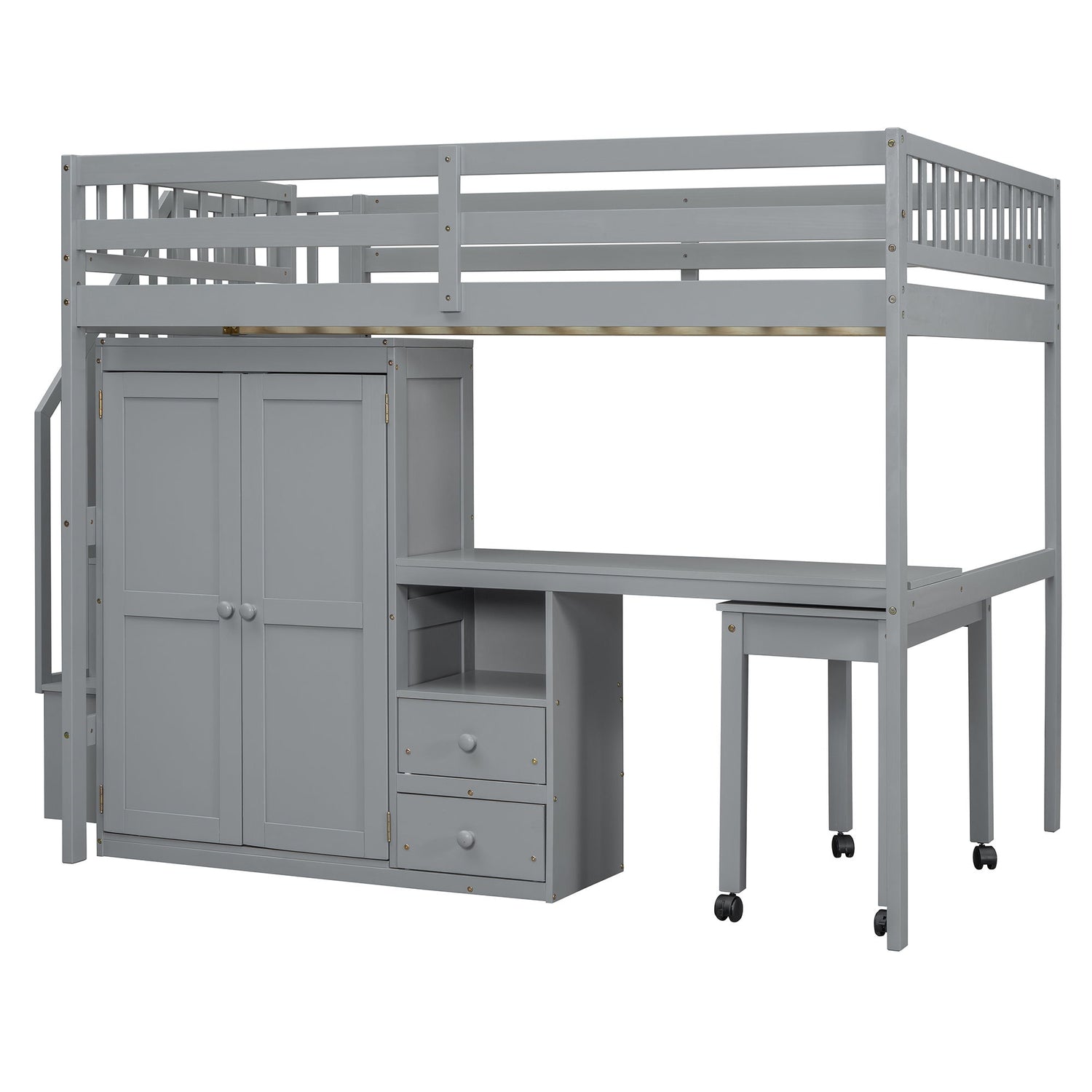 Loft Bed With Stairs, Bookshelf, Drawers, Desk &amp; Wardrobe, Space Saving Multifunctional Furniture