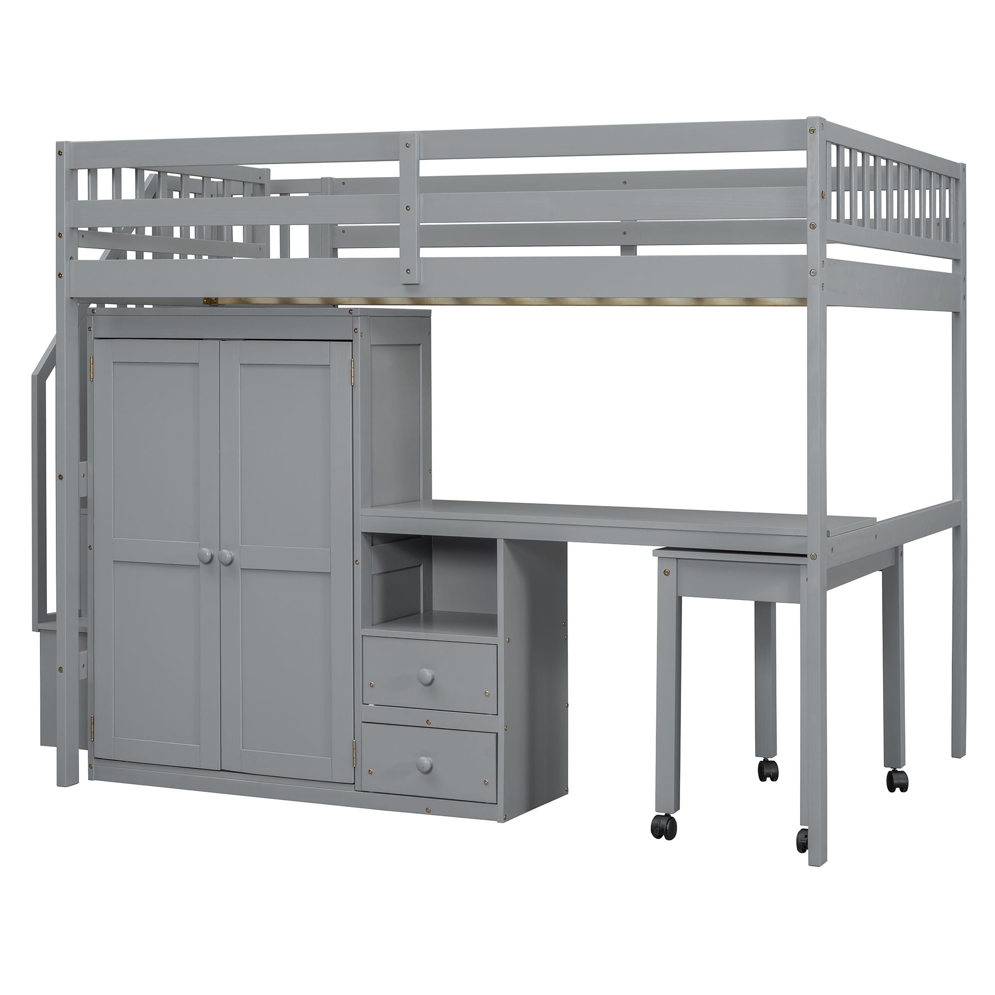 Loft Bed With Stairs, Bookshelf, Drawers, Desk &amp; Wardrobe, Space Saving Multifunctional Furniture