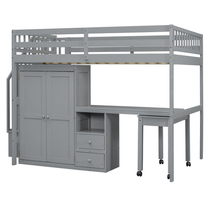 Loft Bed With Stairs, Bookshelf, Drawers, Desk &amp; Wardrobe, Space Saving Multifunctional Furniture