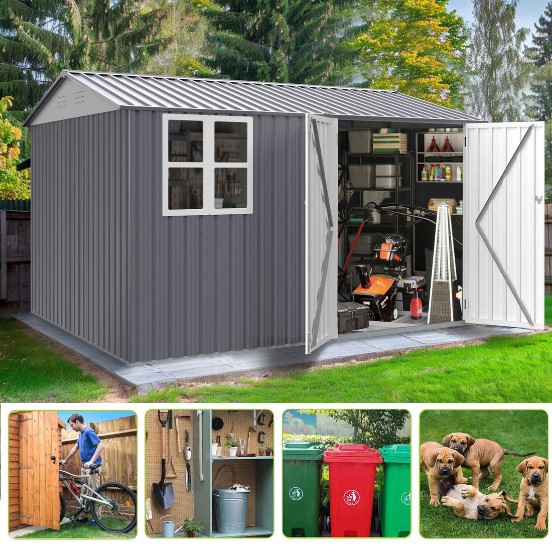 8 0 Ft Outdoor Storage Garden Tool Shed With Thickened Galvanized Steel With Sloped Roof &amp; Double Lockable Door Storage Shed Large With 6 Vents - Gray