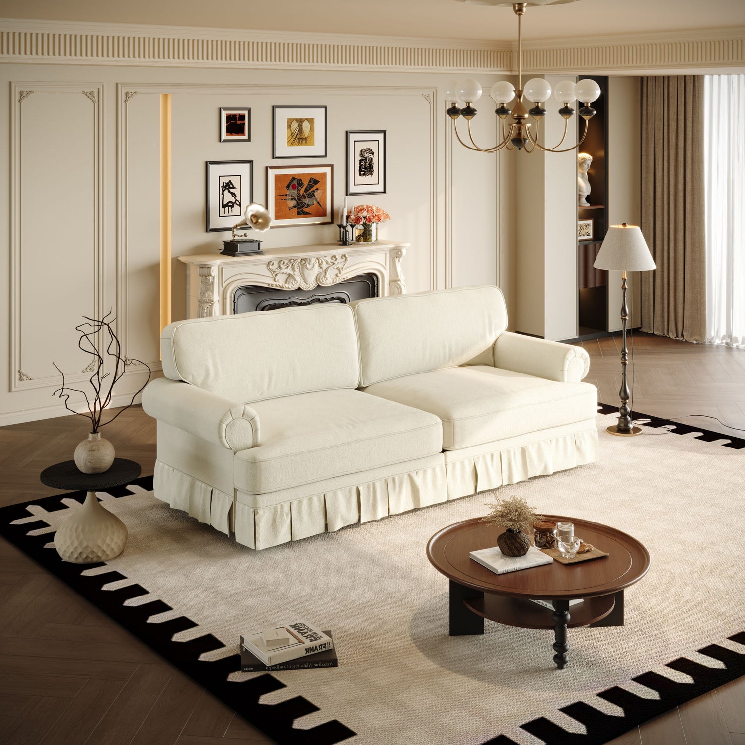 Luxuriously Comfortable Cloud Couch With Elegant Rolled Arms &amp; Pleated Skirt Design