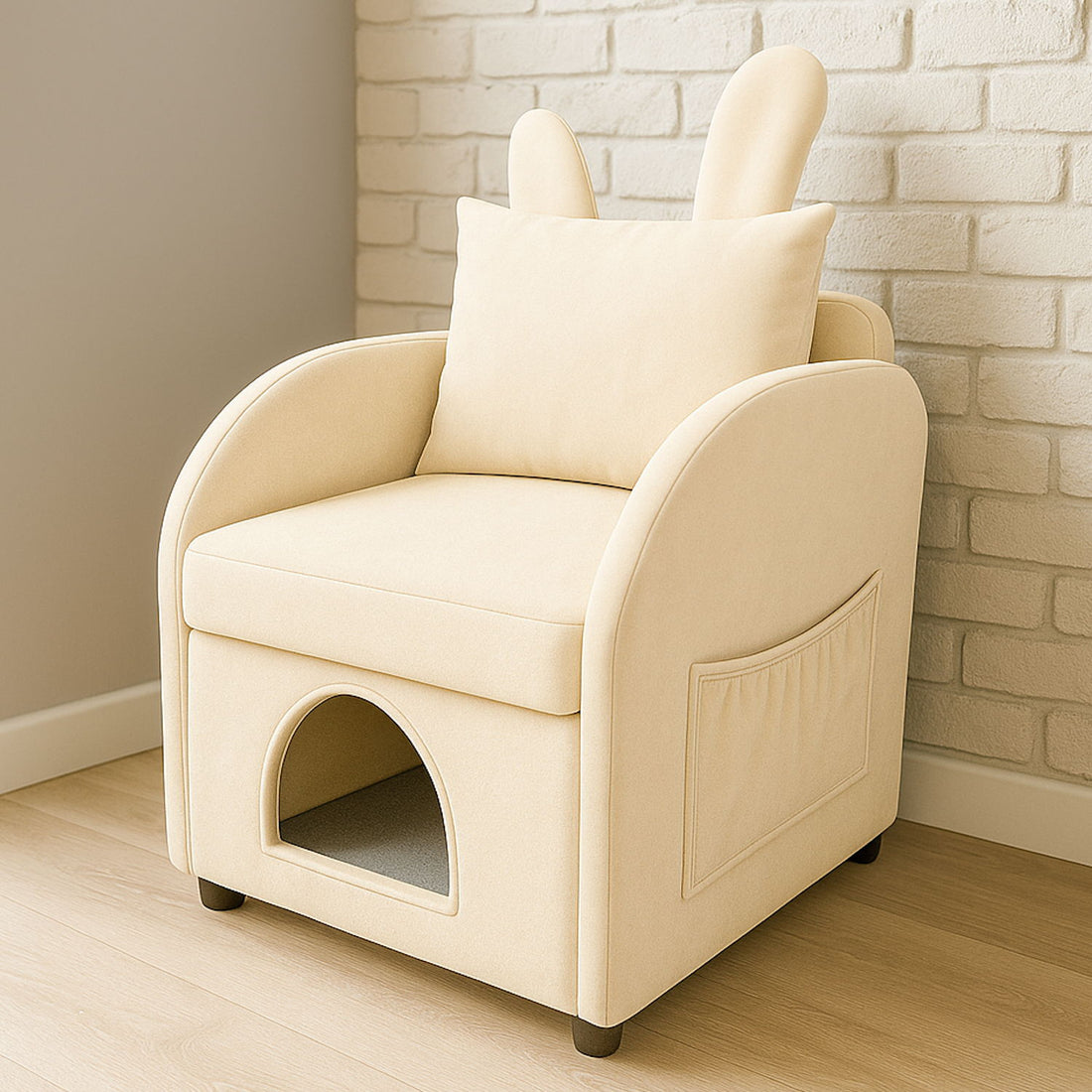Bunny Ear Pet Friendly Armchair With Hidden Pet House With Storage Pocket For Bedroom &amp; Living Room - Beige