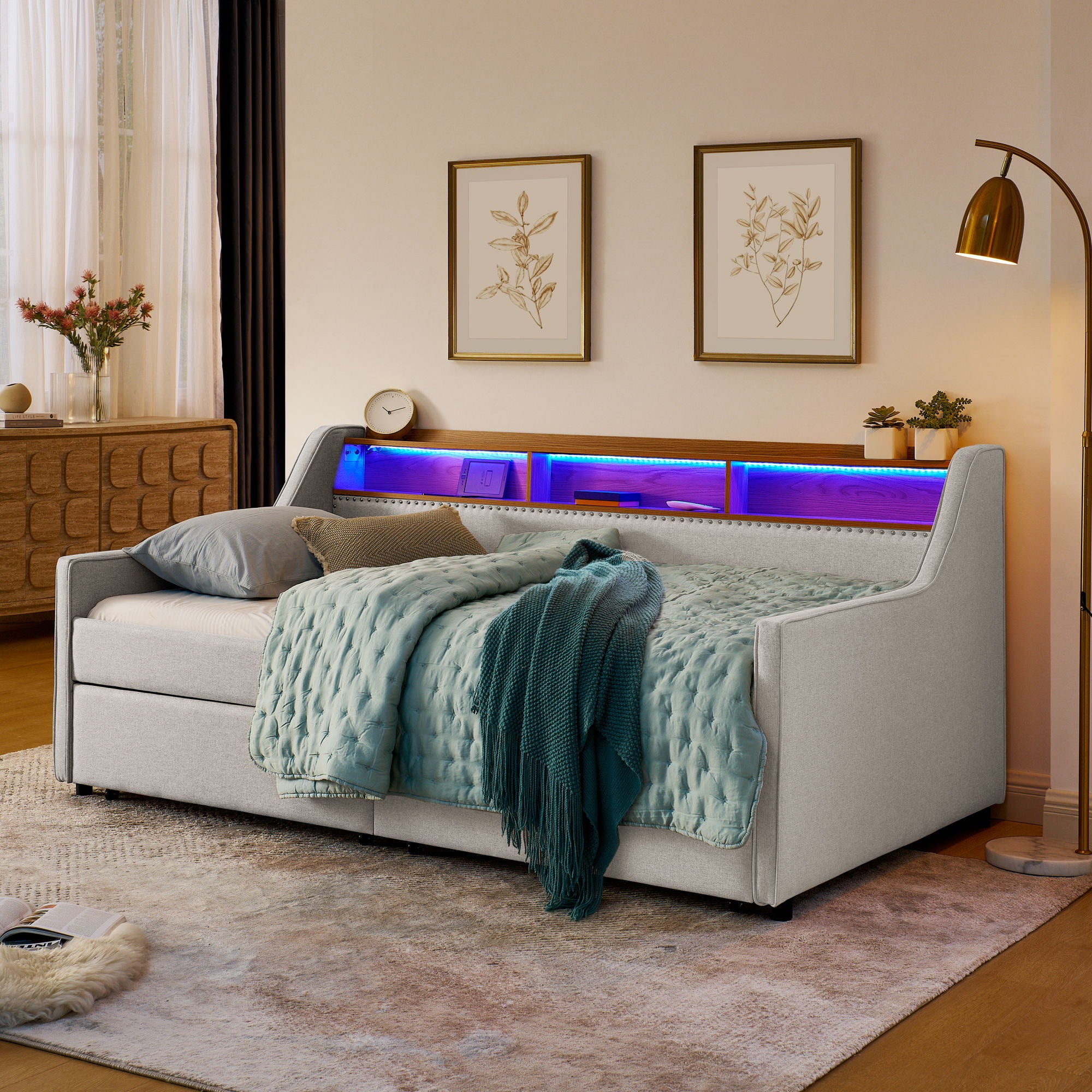 Twin Upholstered Sofa Bed With LED Lights, Storage Drawers, Adjustable Headboard &amp; Wireless Charging - Beige