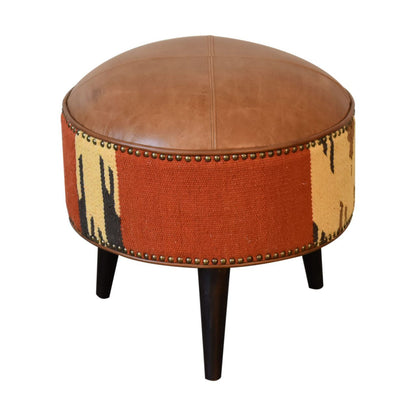 Durrie &amp; Leather Mixed Footstool - Brown