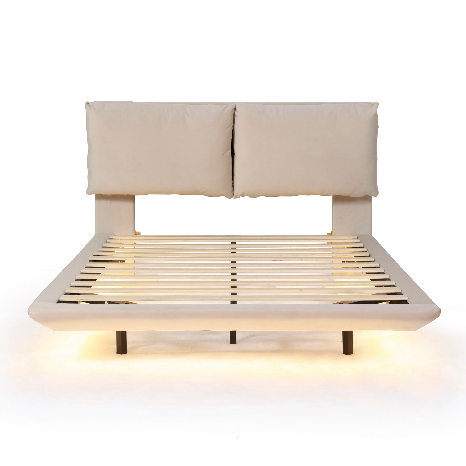 Upholstered Platform Bed With Sensor Light And 2 Large Backrests, With 2 Sets Of USB Port And Socket On Each Rear Bed Leg