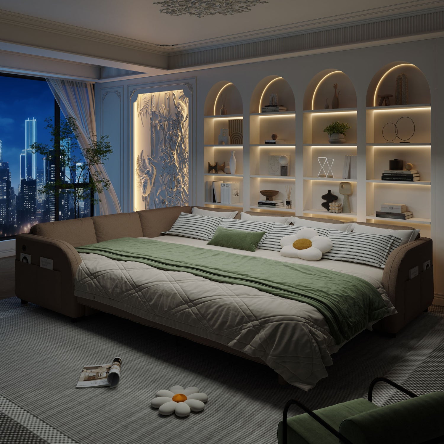 L-Shaped Couch With Pull-Out Bed, Convertible Sleeper Sofa With Side Pocket &amp; USB Port