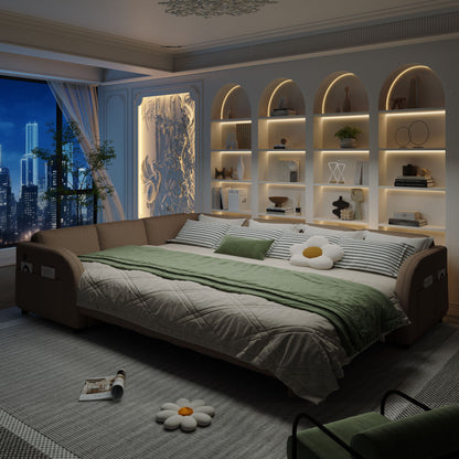 L-Shaped Couch With Pull-Out Bed, Convertible Sleeper Sofa With Side Pocket &amp; USB Port