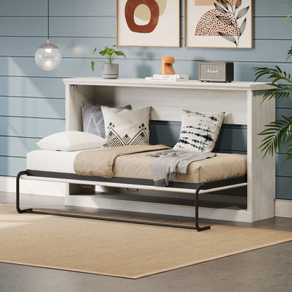 Twin Size Horizontal Murphy Bed With Dual Piston System, Space Saving Wall Bed Folds Into Cabinet - Rustic White