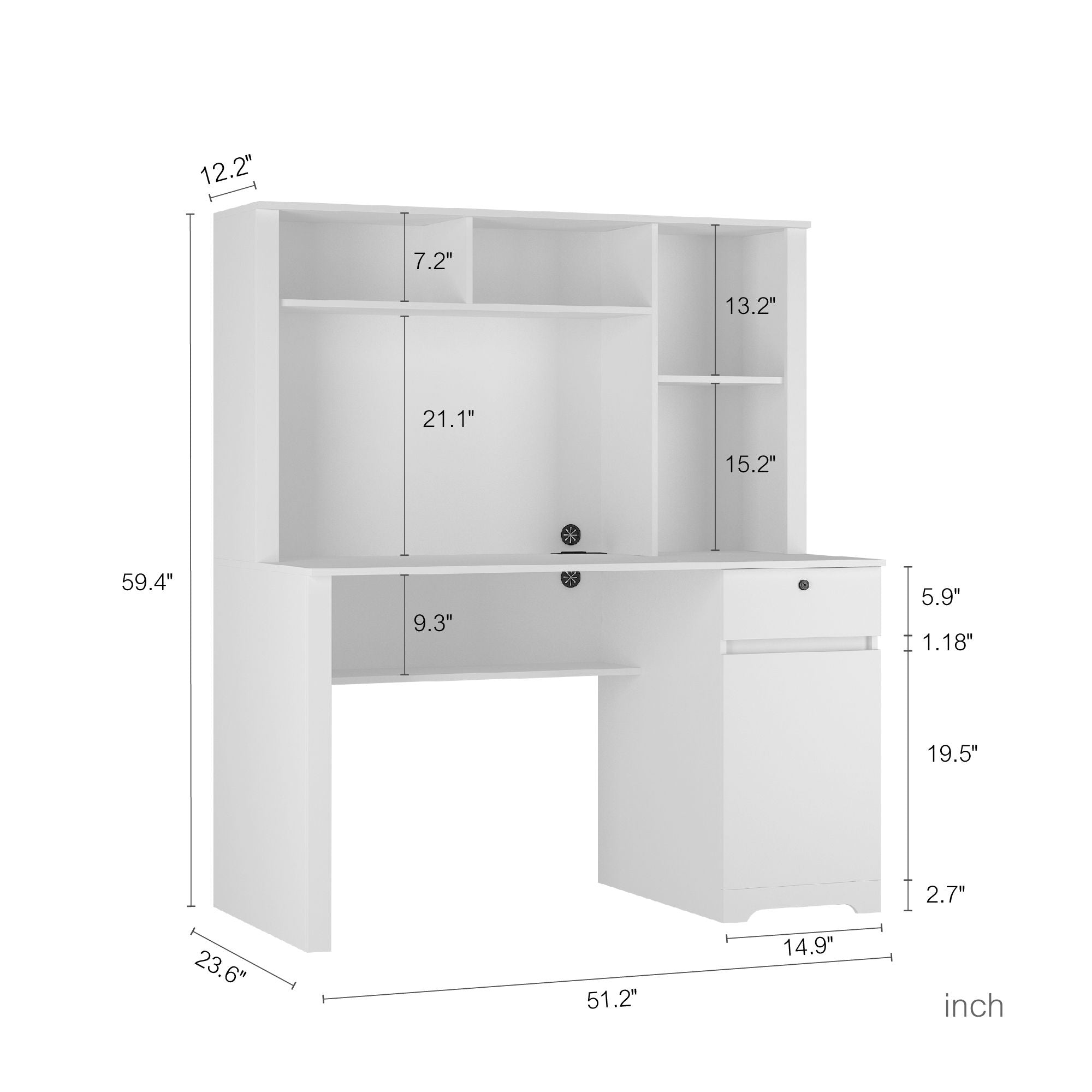 Computer Desk With Hutch &amp; Bookshelf, Wood Executive Desk Teens Student Desk Writing Laptop Home Office Desk With Drawers, 3 Ac Outlets And 2 USB Charging Ports, Study Laptop Table For Home - White