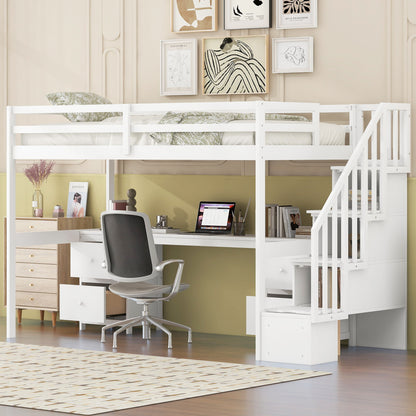 Loft Bed Frame With Built In Desk And Double Storage Drawers