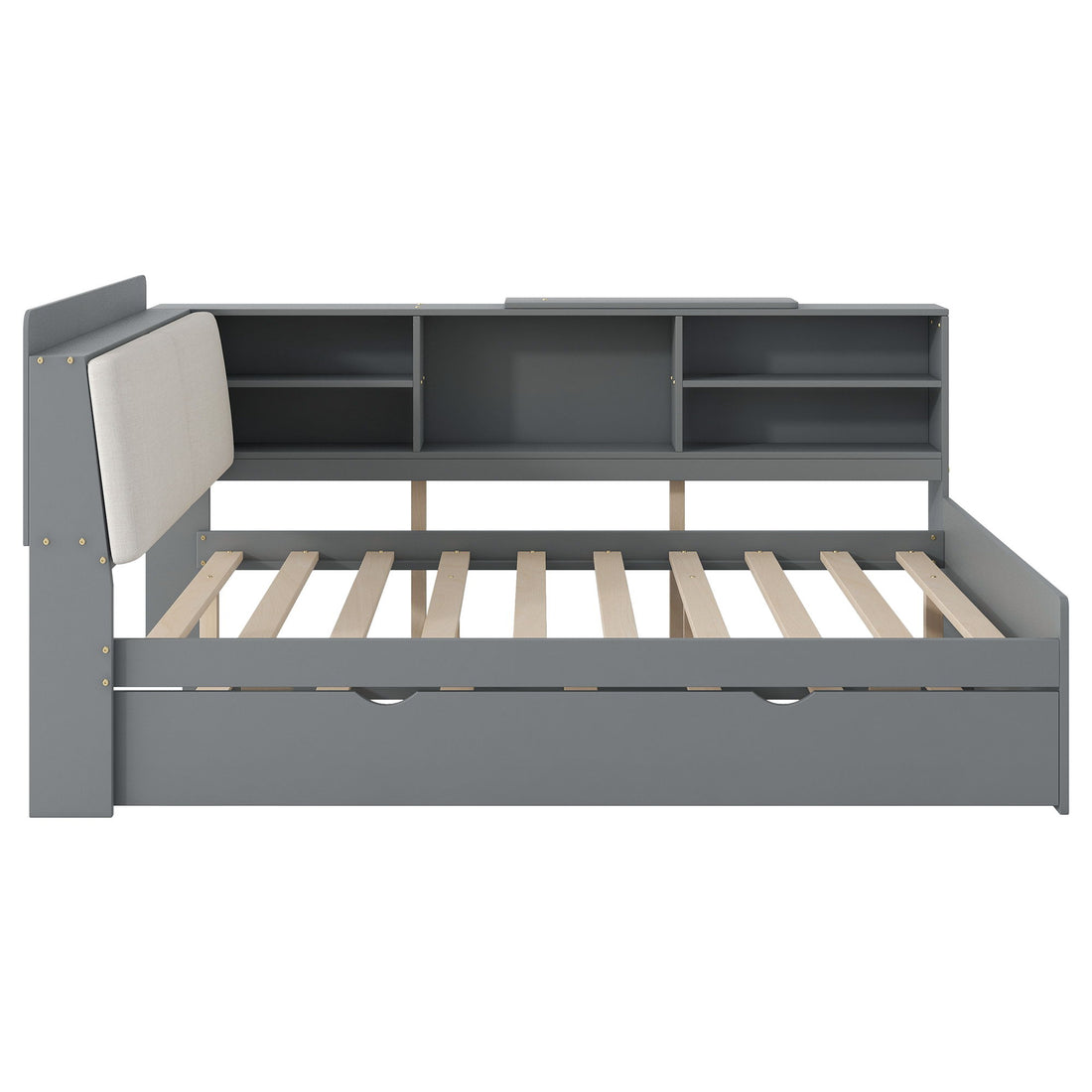 Platform Bed With Trundle, Shelves, And Storage Headboard