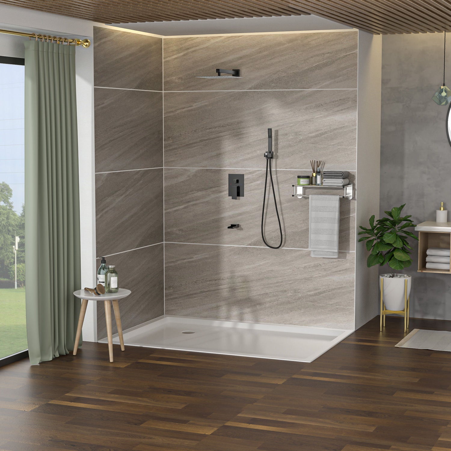 Wall Mounted Square Shower System With Waterfall Tub Spout, 12&quot; Rainfall Shower Head And Handheld Shower - Matte Black