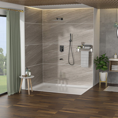 Wall Mounted Square Shower System With Waterfall Tub Spout, 12&quot; Rainfall Shower Head And Handheld Shower - Matte Black