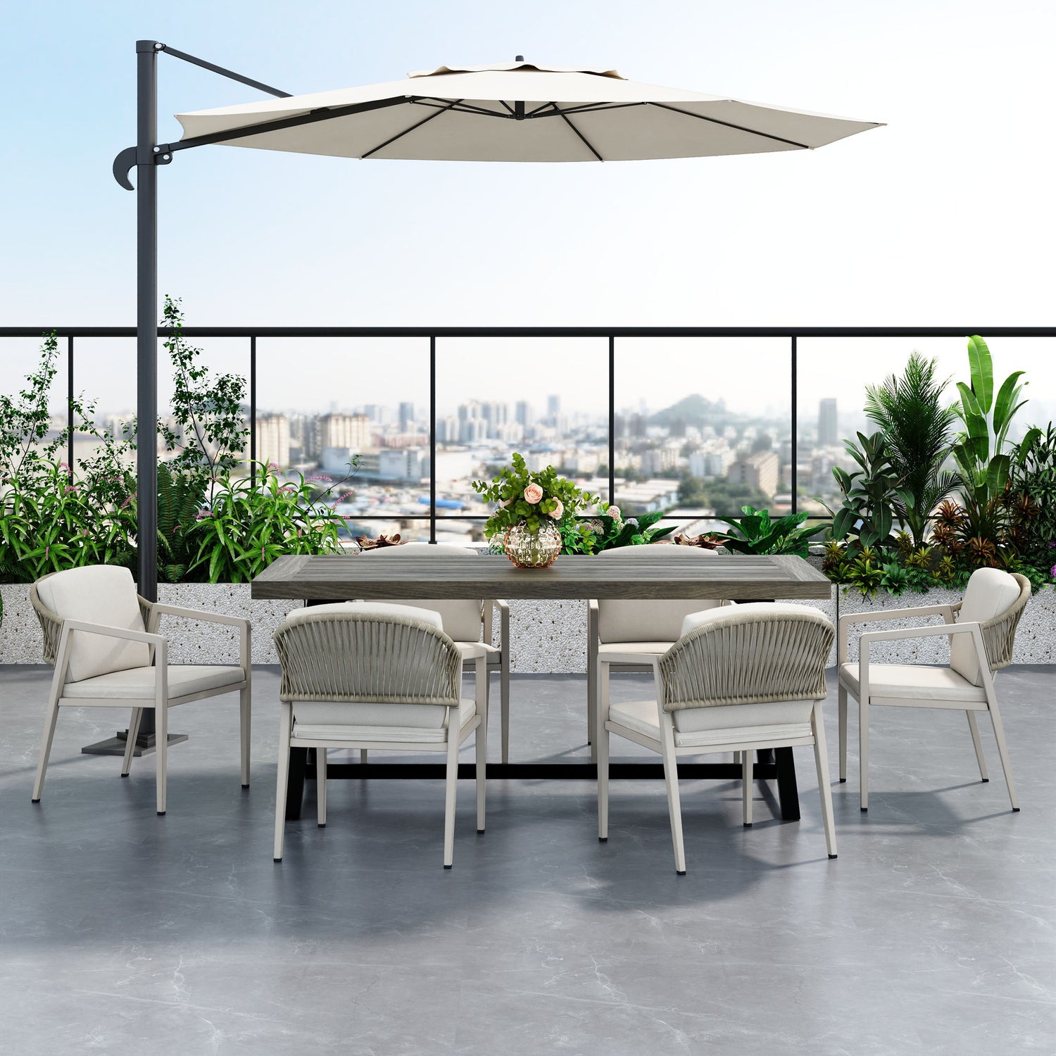 7 Pieces Modern Outdoor Dining Set With Acacia Wood Table And Chairs