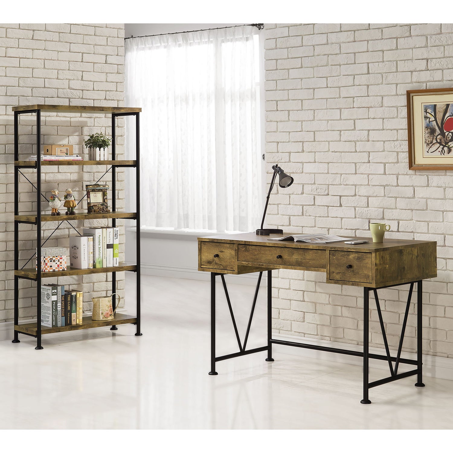 Avon - 2 Piece Computer Desk And Bookcase With 3 Drawers - Rustic Brown