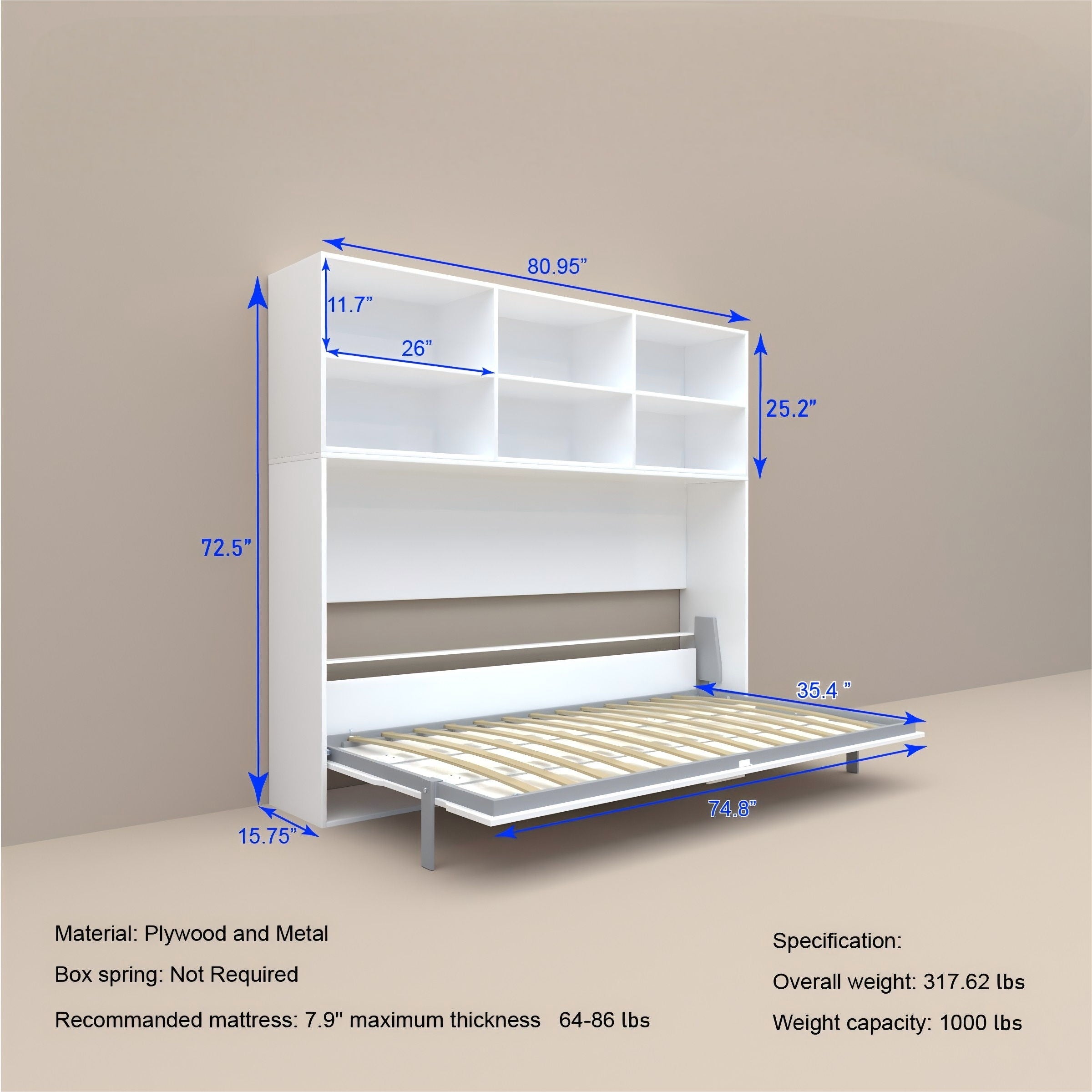 Mordern Design Twin Size Horizontal Murphy Bed With Shelf Storage For Bedroom Or Guestroom Wall Bed Space Saving Hidden Bed With New Style Gas Struts - White