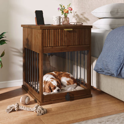 Dog Crate End Table With Charging Station - Antique Brown