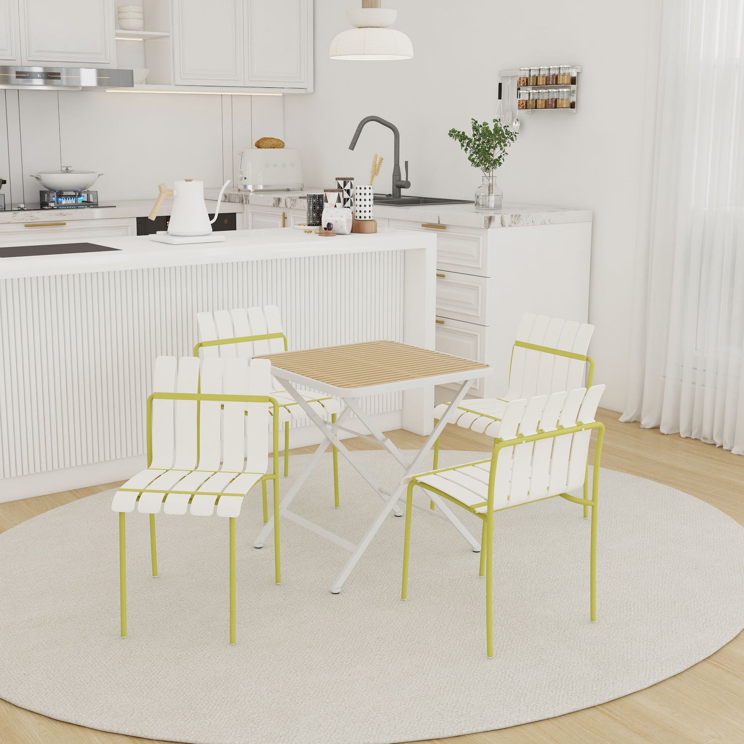 4 Piece Set Of Modern Color Block Designed Single Chairs With Folding Square Table