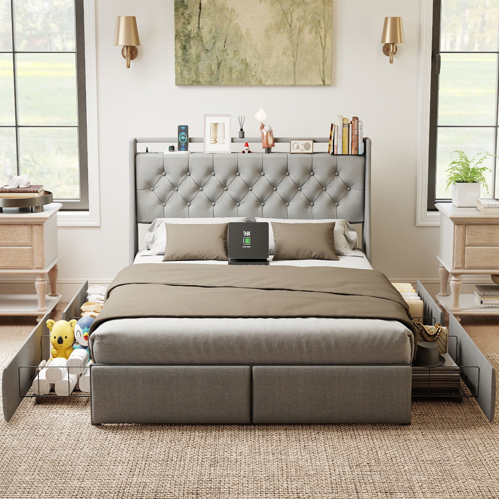 Platform Bed Frame With RGB LED Lights, Charging Station, Storage Headboard &amp; 4 Underbed Drawers