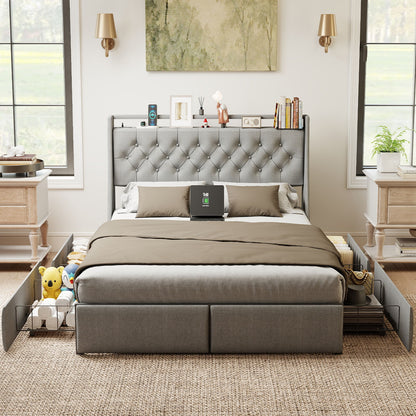 Platform Bed Frame With RGB LED Lights, Charging Station, Storage Headboard &amp; 4 Underbed Drawers