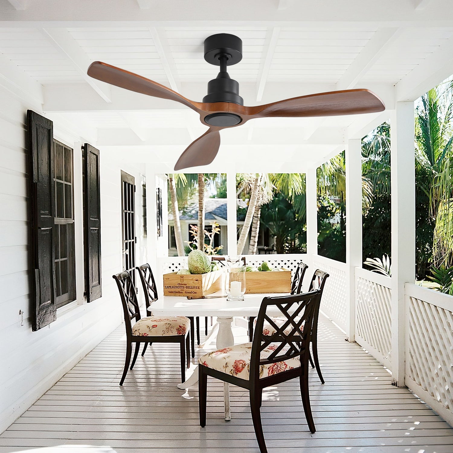 48&quot; Ceiling Fan Without Light, 3 Solid Wood Blades Outdoor Ceiling Fan 6 - Speed Reversible DC Motor For Living Room - Black