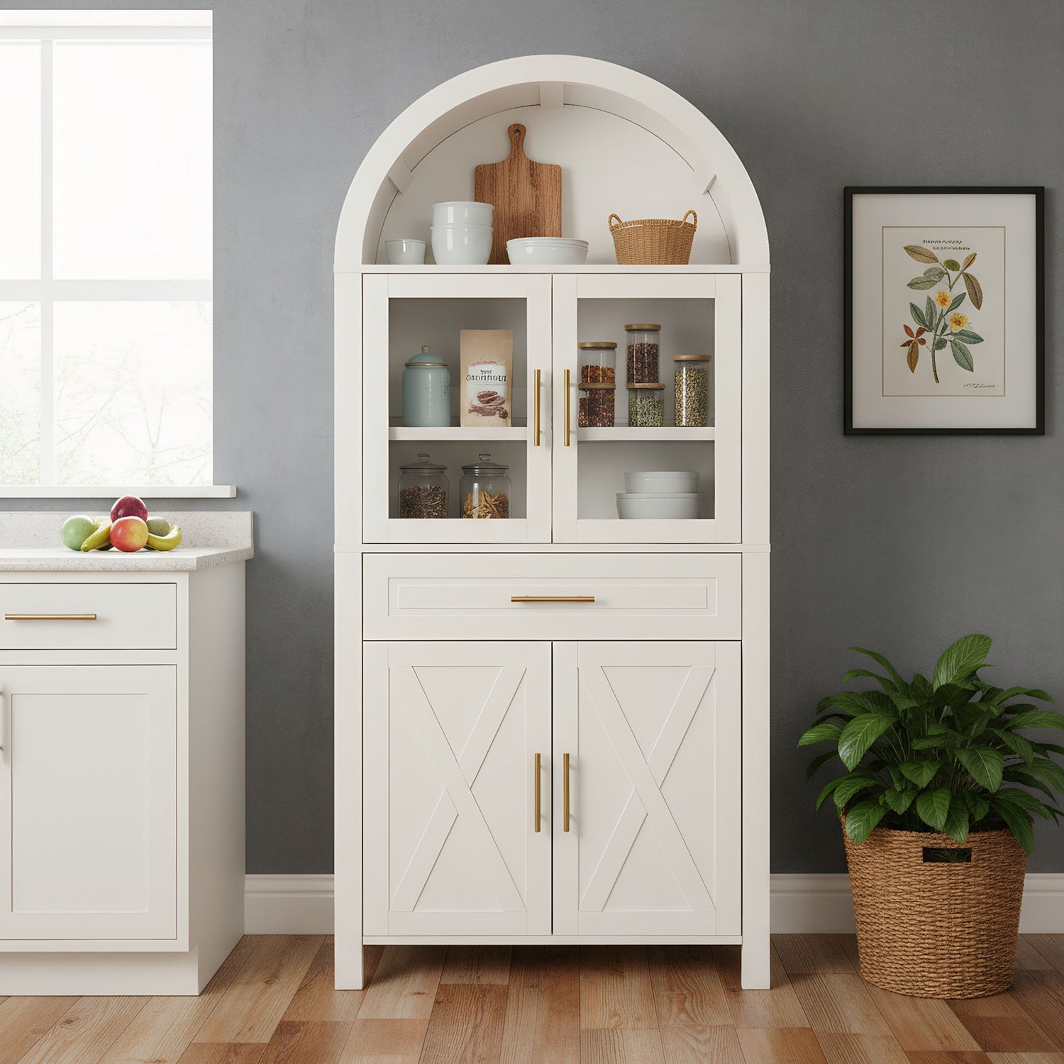 Arched Kitchen Pantry Cabinet With Adjustable Shelves &amp; Barn Door Design