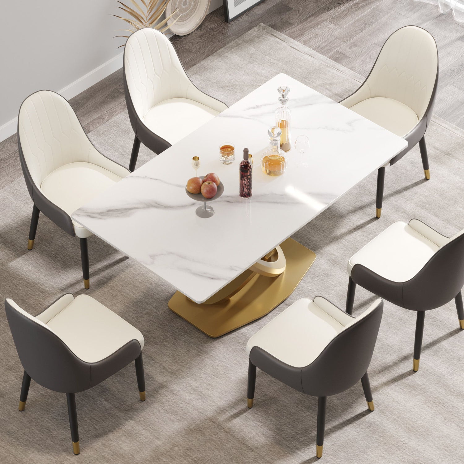 63&quot; Modern Artificial Stone Panel Double-Ring Stainless Steel Metal Legs, Can Accommodate 6-8 People - White / Gold