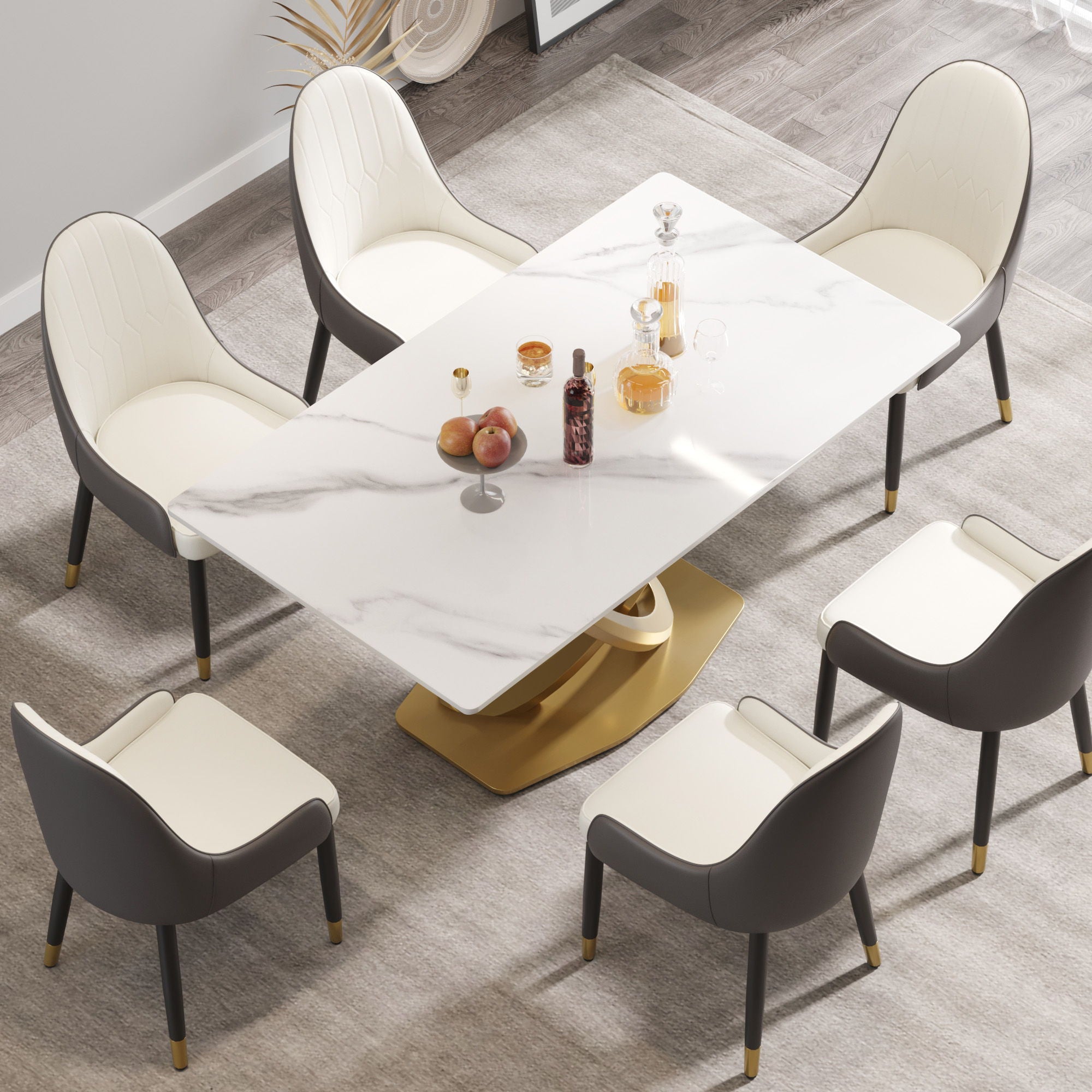 63&quot; Modern Artificial Stone Panel Double-Ring Stainless Steel Metal Legs, Can Accommodate 6-8 People - White / Gold
