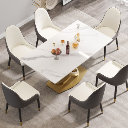 63&quot; Modern Artificial Stone Panel Double-Ring Stainless Steel Metal Legs, Can Accommodate 6-8 People - White / Gold