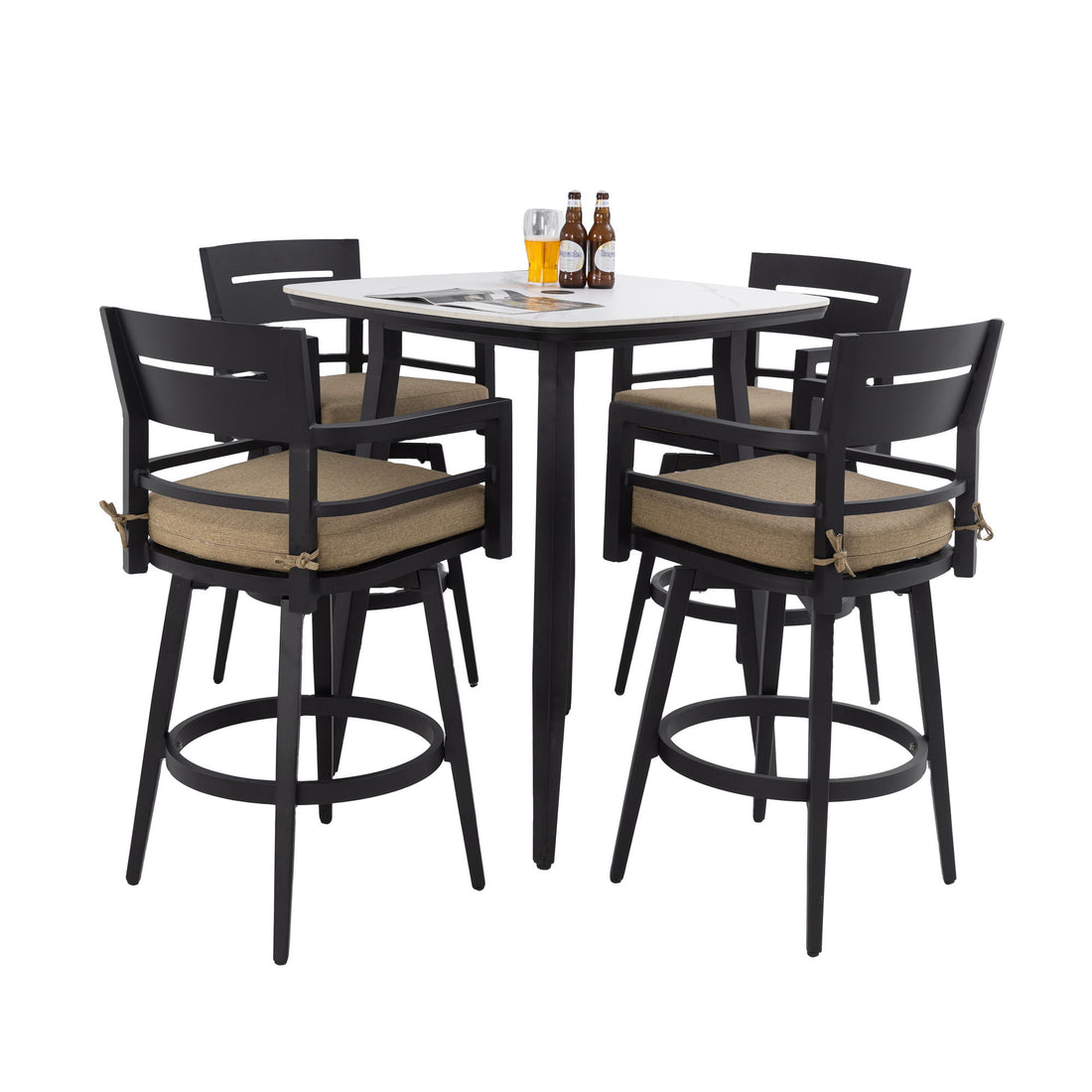 5 Pieces Outdoor Patio Bar Set, Rounded Square Sintered Stone Table &amp; 4 Swivel Bar Chairs