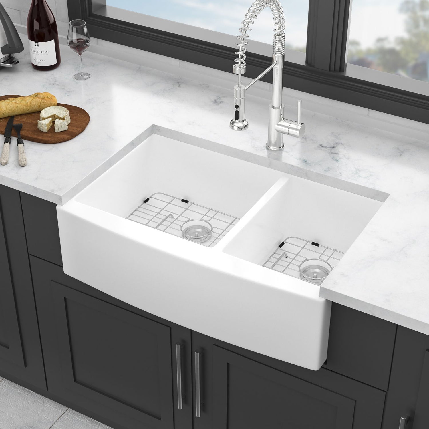 Sink 33&quot; Double Bowl 60 / 40 Kitchen Sink With Deep Basin And Grids - White