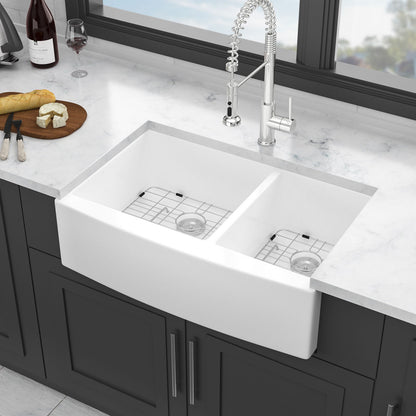 Sink 33&quot; Double Bowl 60 / 40 Kitchen Sink With Deep Basin And Grids - White