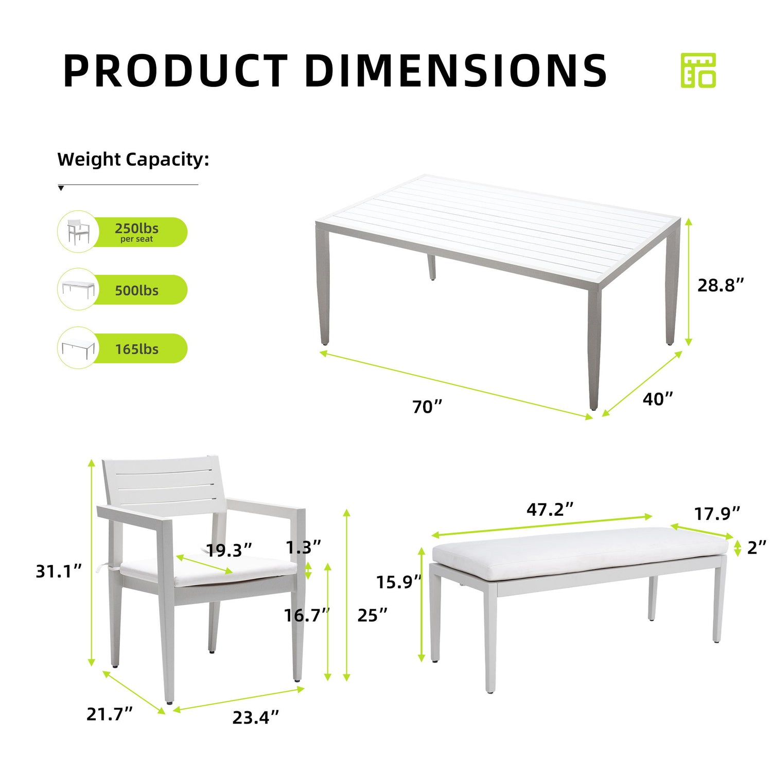 6 Piece Dining Set Modern Outdoor Patio Furniture, 4 Dining Chairs &amp; 1 Dining Bench Sunbrella Fabric And 2 Tone Rectangle Table With Umbrella Hole - Matte White / Grayish
