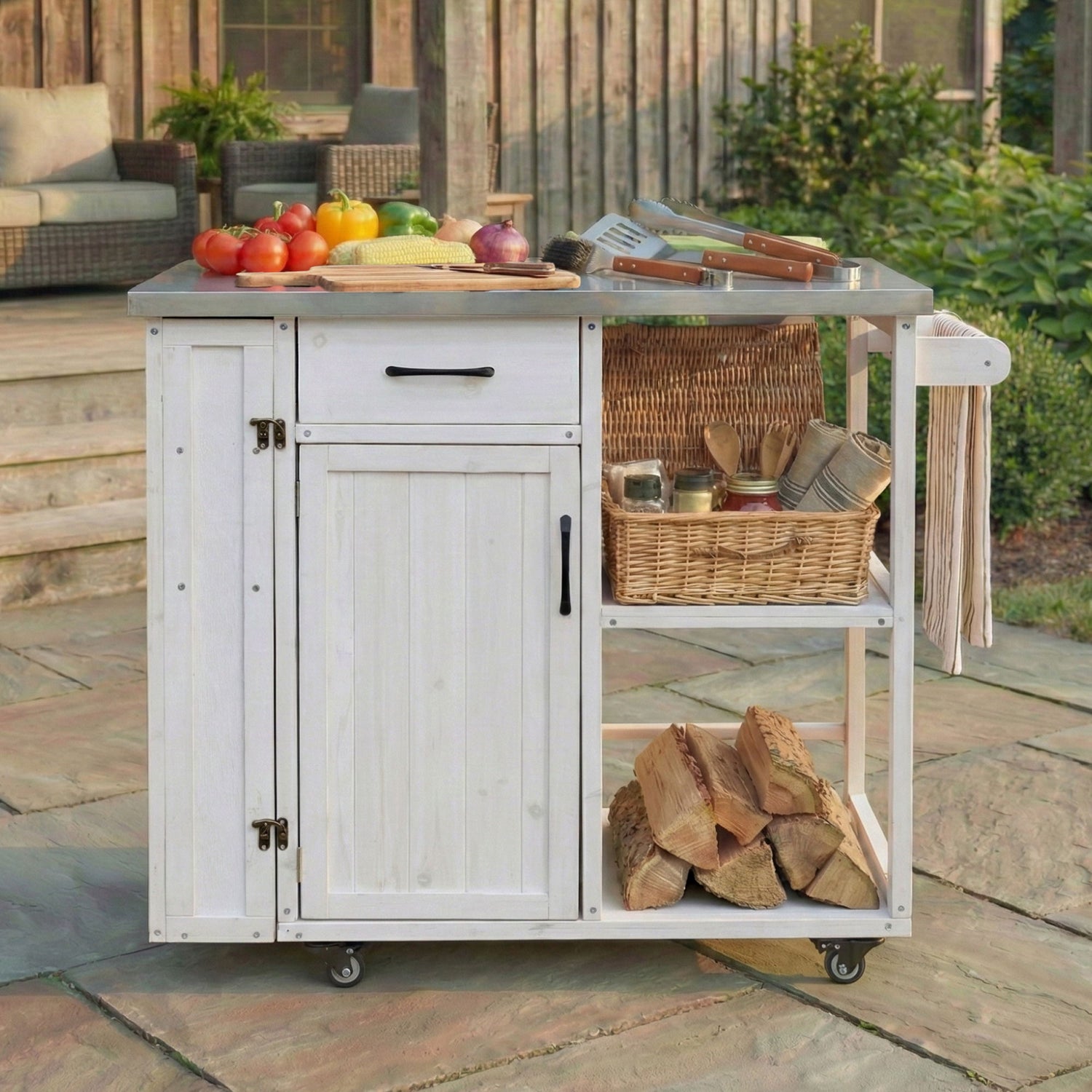 Outdoor Kitchen Island Prep Station With Lockable Wheels, Ample Storage, Towel &amp; Spice Racks