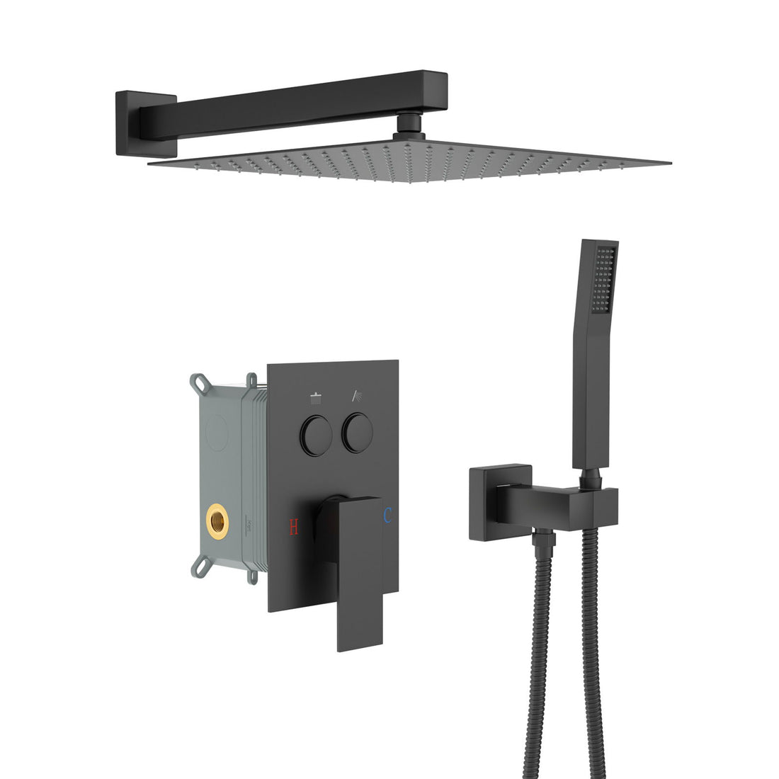 Dual Shower Head System With Rainfall Design, 10&quot; Wall Mounted Square Shower Set - Matte Black