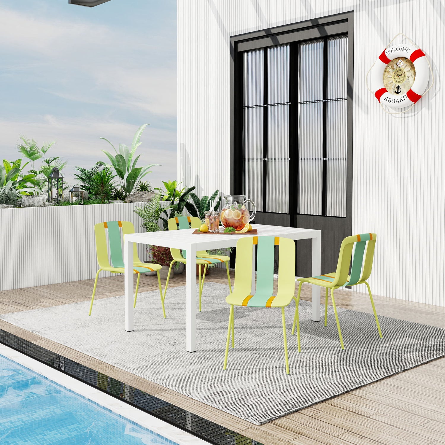4 Piece Set Of Striped Color Blocking Single Chairs &amp; Long Table - Grain Yellow / Haze Green / Tropical Orange / White
