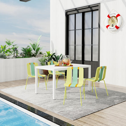 4 Piece Set Of Striped Color Blocking Single Chairs &amp; Long Table - Grain Yellow / Haze Green / Tropical Orange / White