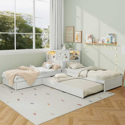 L-Shaped Bed Frame With Trundle, Built In Desk &amp; LED Lighting