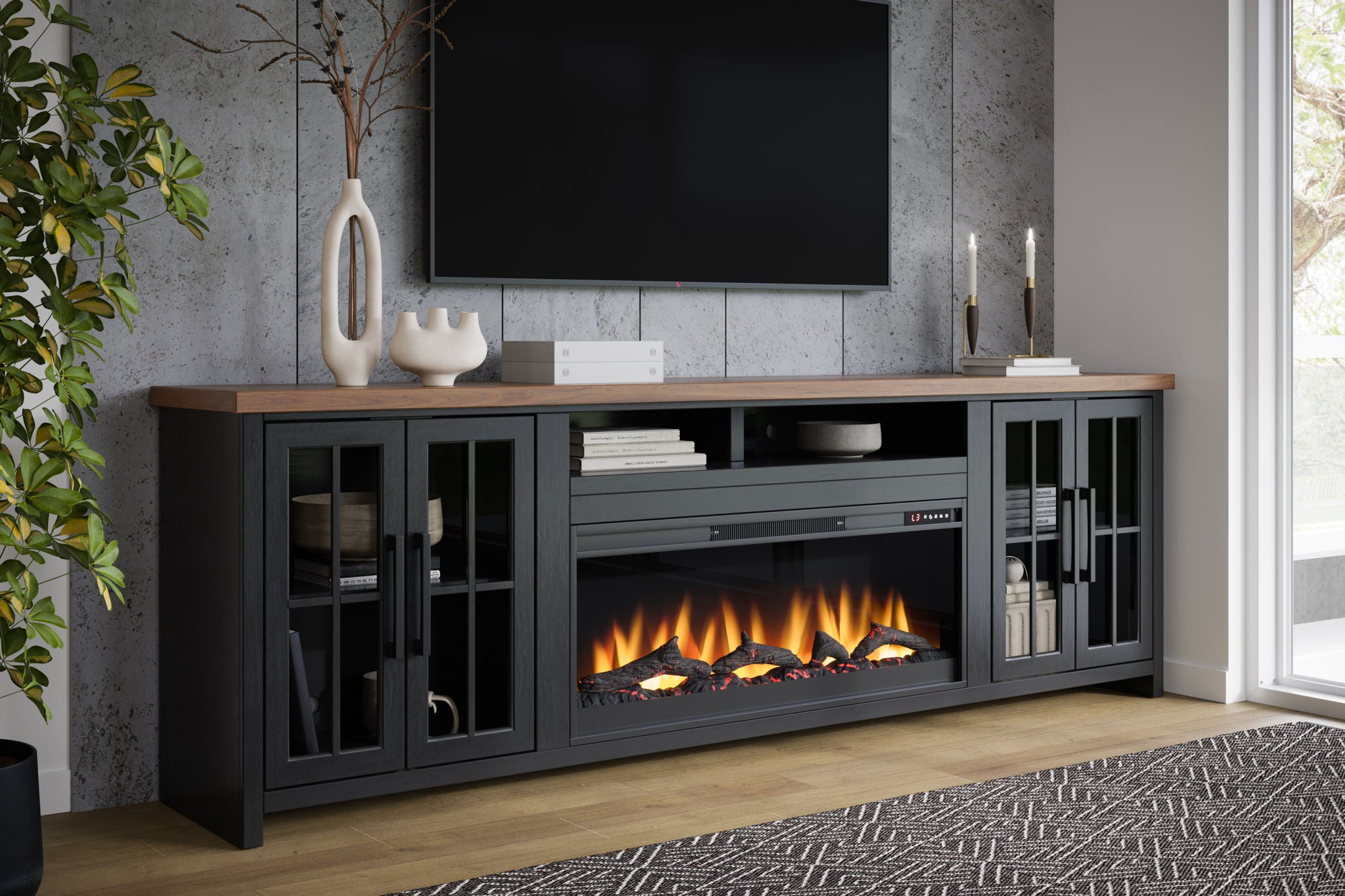 Essex - Fireplace TV Stand Console For TVs Up To 100&quot; - Black, Whiskey
