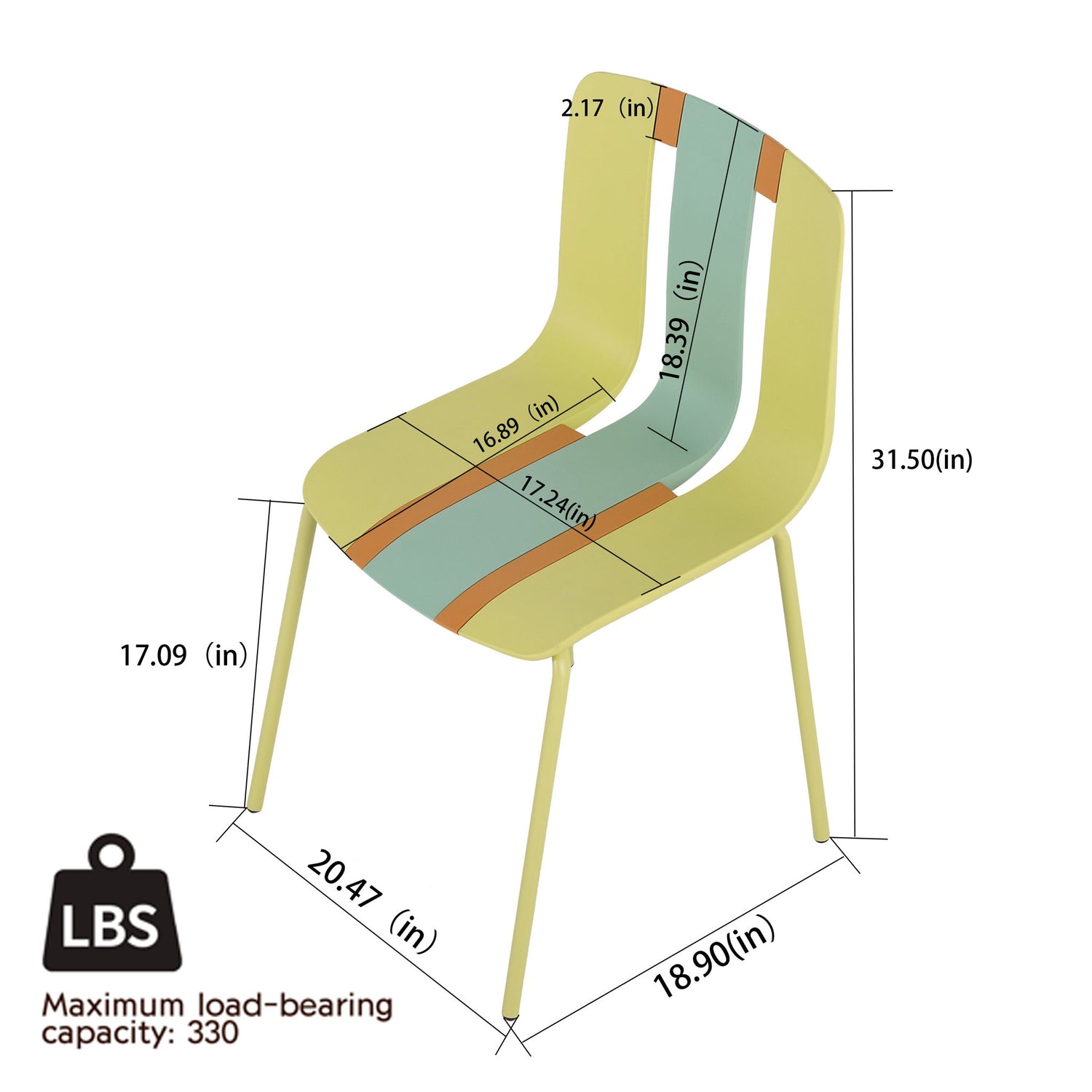 4 Piece Set Of Striped Color Blocking Single Chairs &amp; Long Table - Grain Yellow / Haze Green / Tropical Orange / White